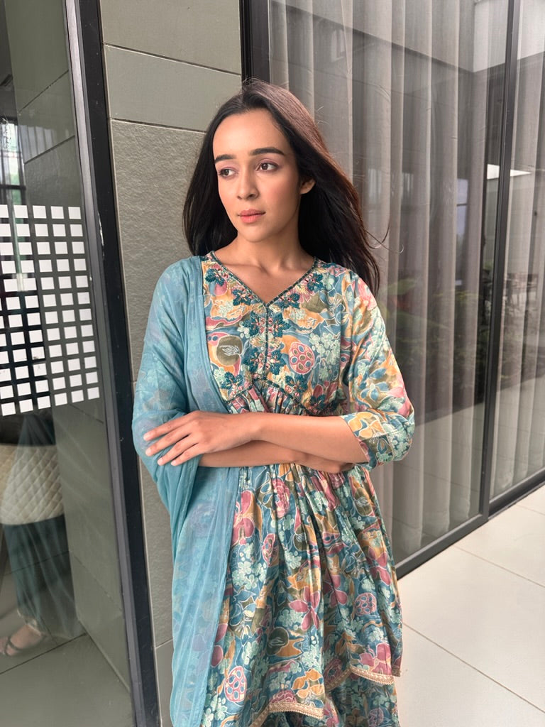 floral suit- sharara pants and short kurti