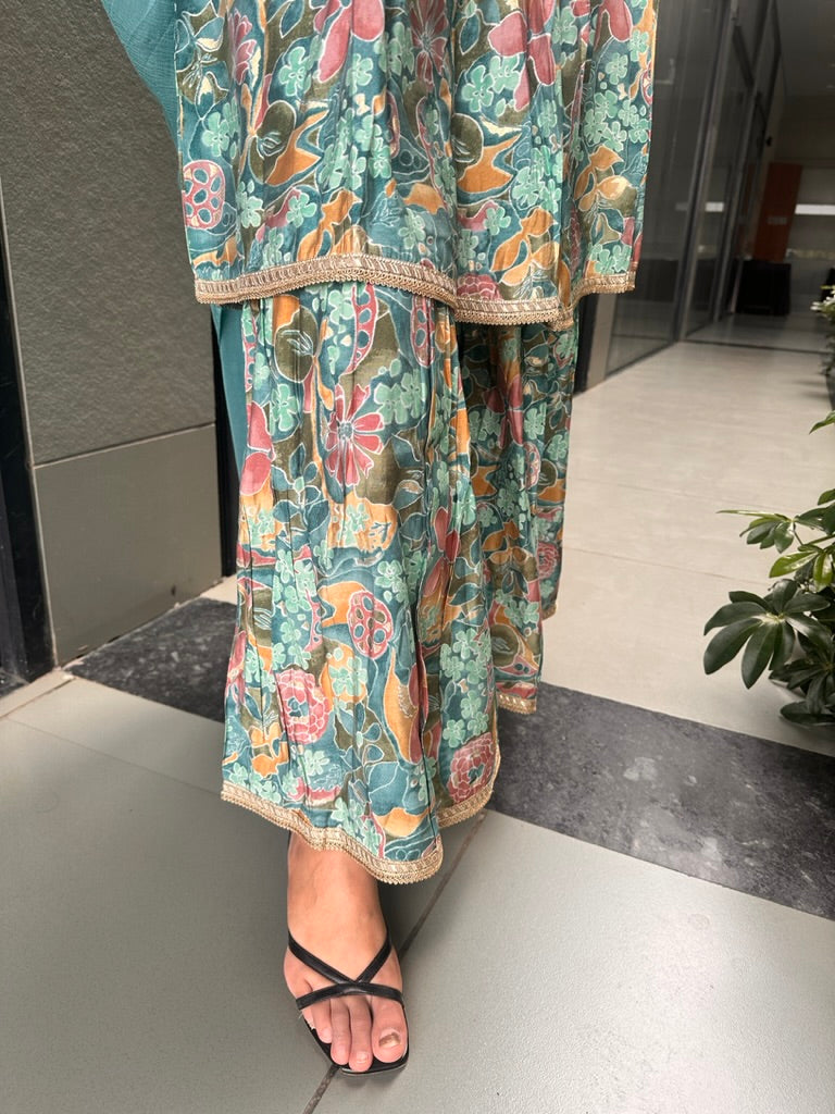 floral suit- sharara pants and short kurti