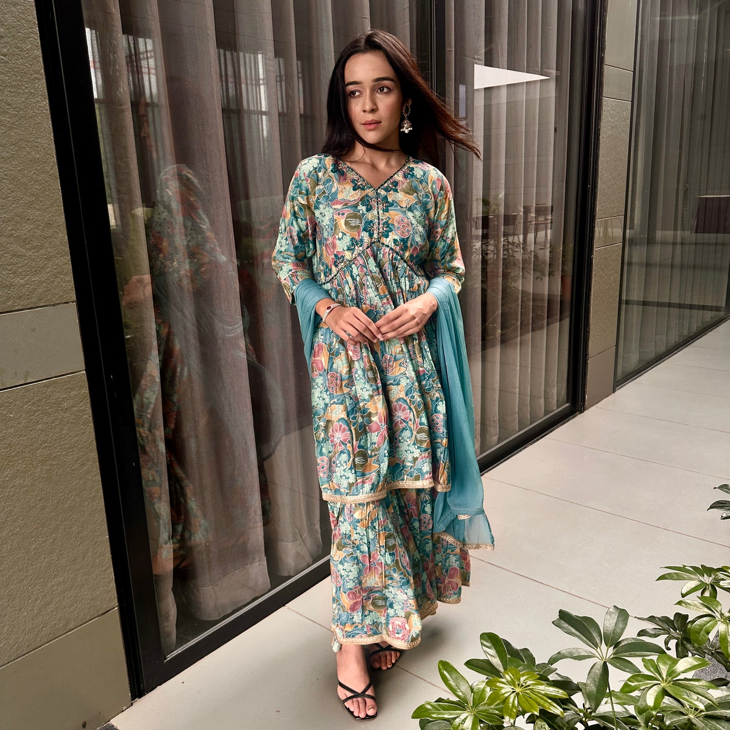 floral suit- sharara pants and short kurti
