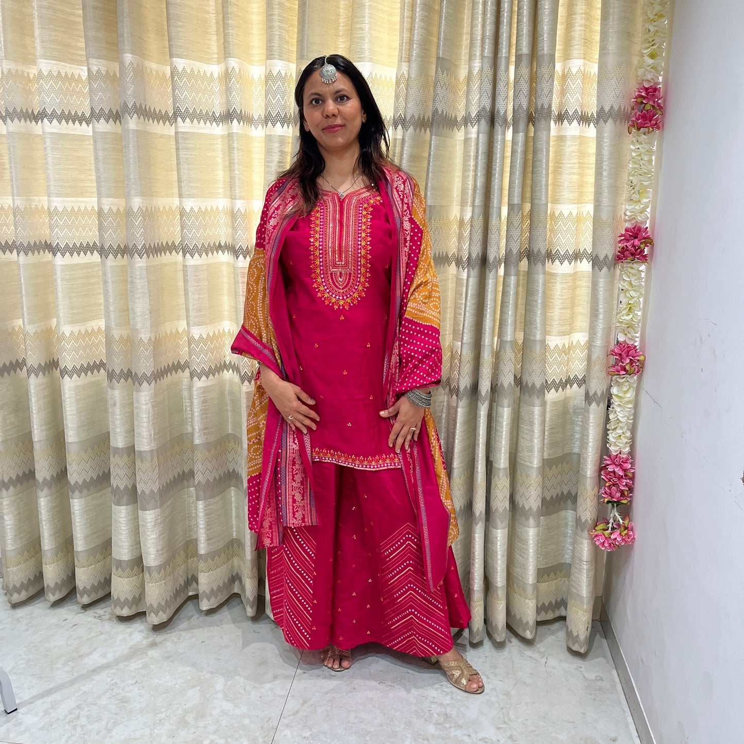 Pink- sharara suit with bandhani dupatta
