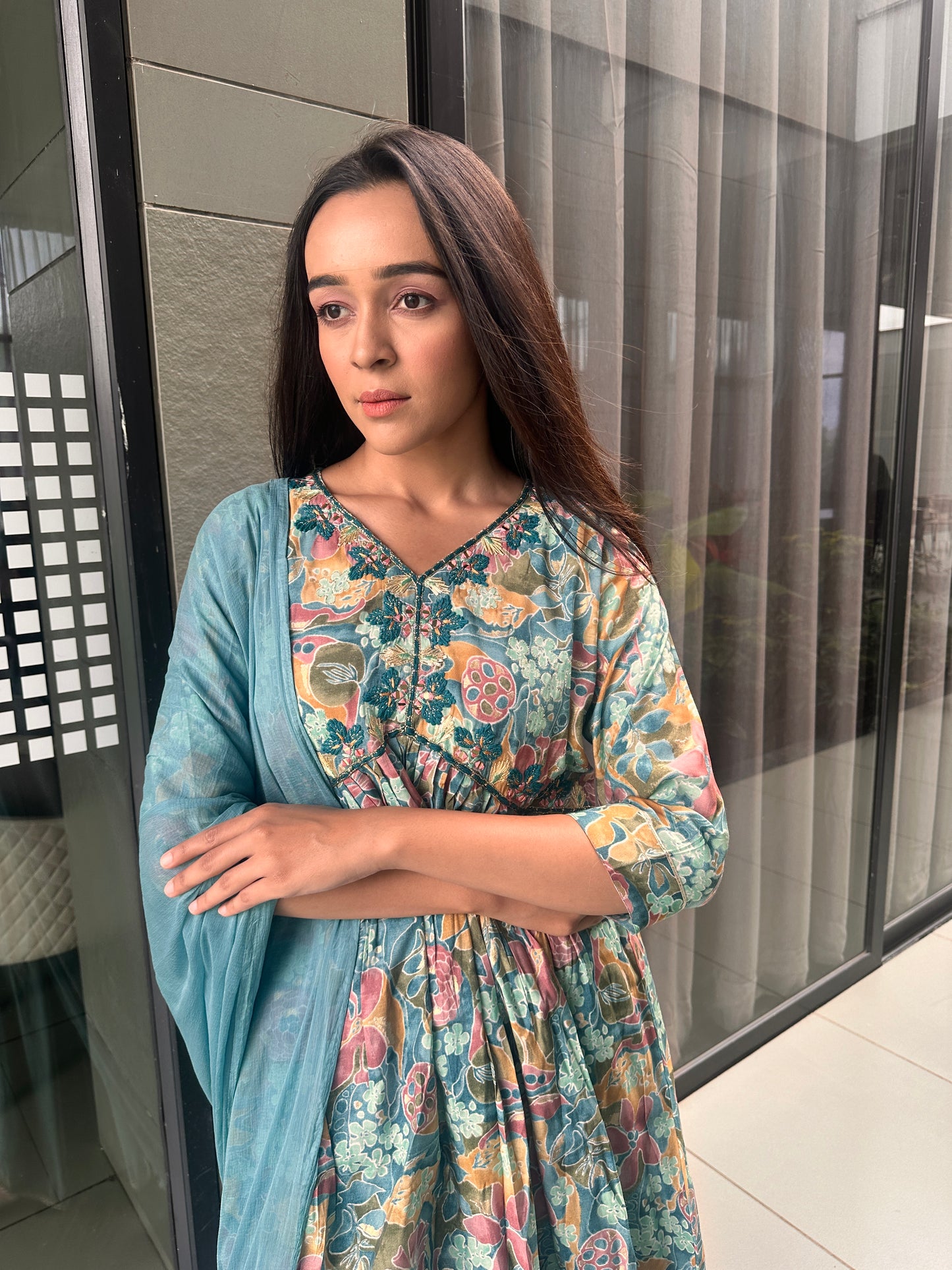 floral suit- sharara pants and short kurti