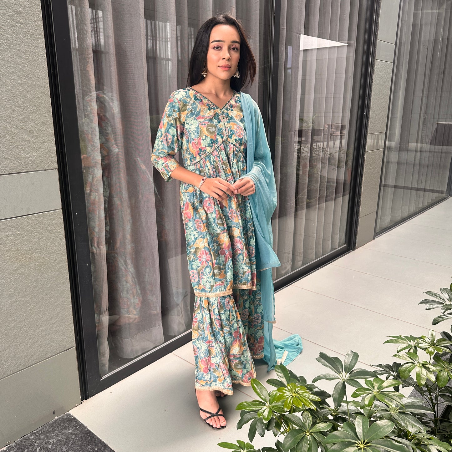 floral suit- sharara pants and short kurti