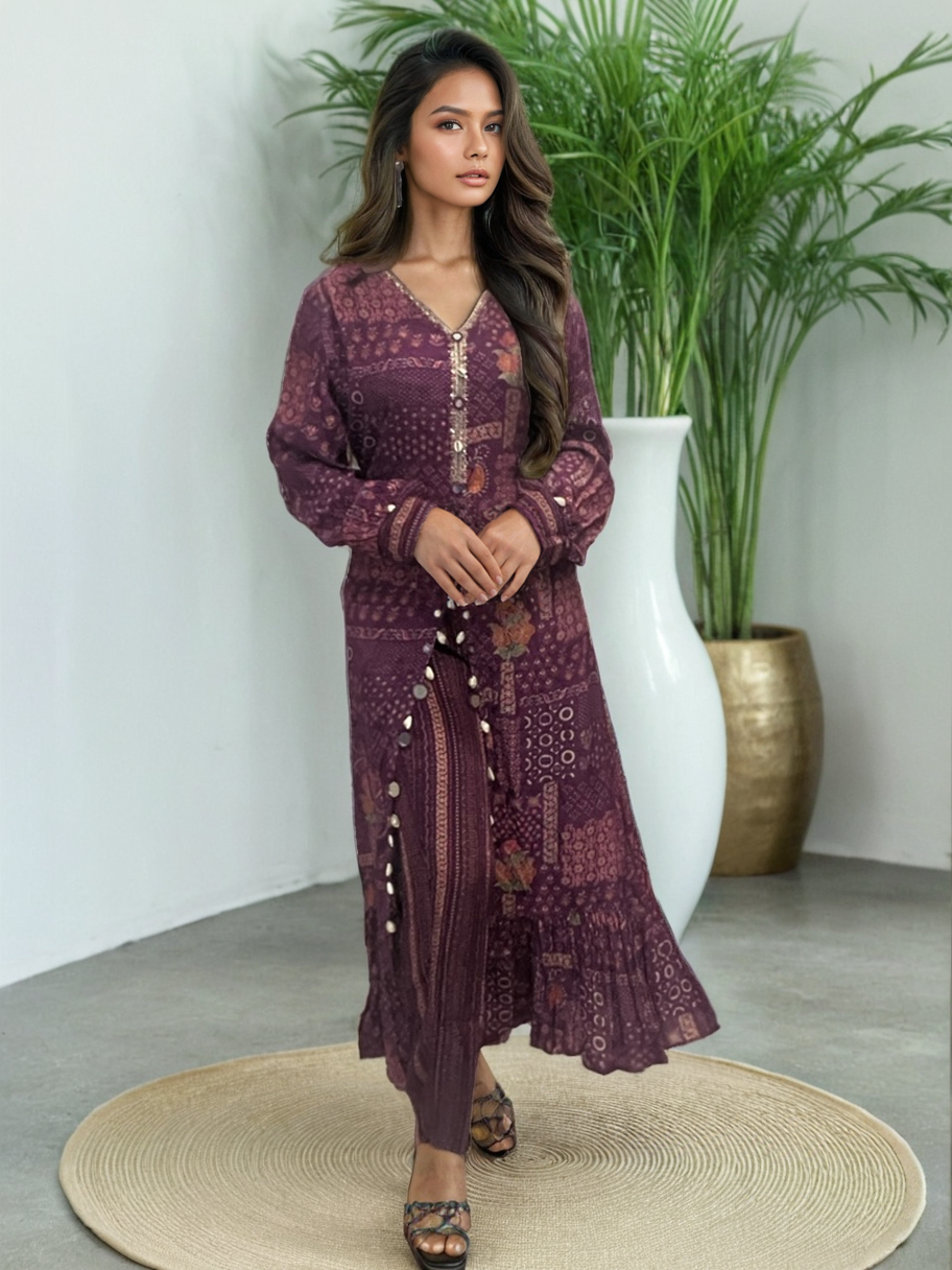 Crepe printed coord set -Slit indowestern kurti and pants